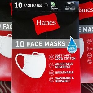 Hanes 10 Pack White Face Masks 100% Cotton 3-Ply Adjustable Breathable Reusable